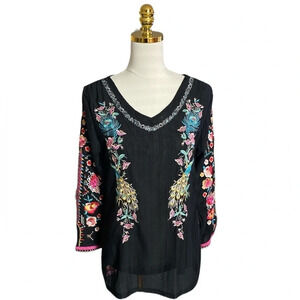 ADORE | Black Lace Long Sleeve Floral & Aztec Embroidery Boho Breezy Top Size S